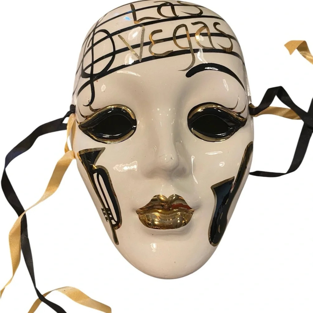 vintage venetian handmade ceramic gold black and and white las vegas jazz mask